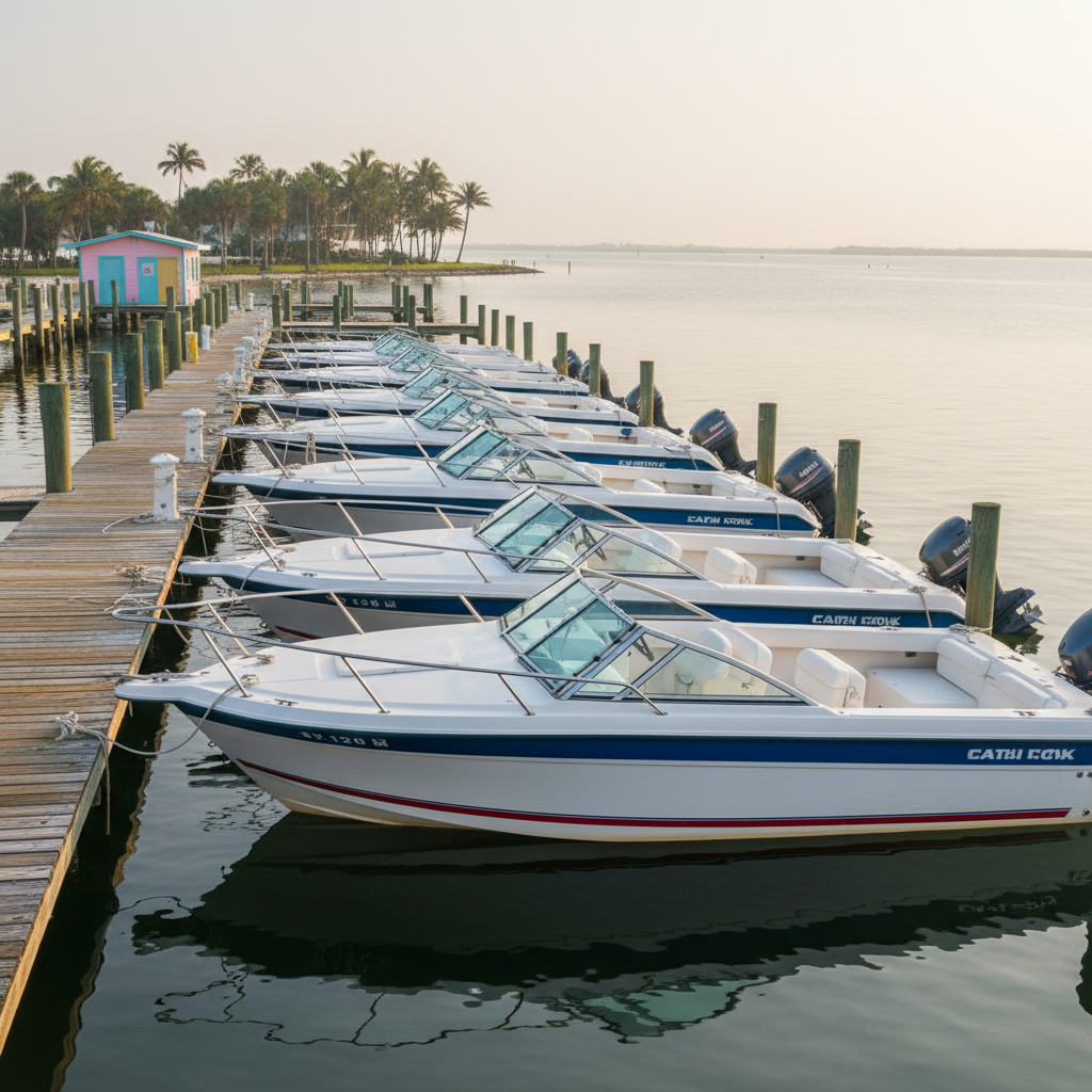 A small fleet of rental power boats lined neatly along a Captiva Island dock, each with clean white hulls, bold blue and red accent stripes, and neatly coiled dock lines on sun-warmed wooden planks. The calm marina water mirrors the boats with gentle reflections, while distant palm trees and a simple marina shack painted in pastel colors add coastal charm. Soft morning sunlight diffuses through light haze, creating a relaxed glow and delicate reflections on chrome fittings and windshields. Photographic realism with a welcoming, carefree mood, composed from a slightly elevated diagonal angle down the dock, leading lines drawing the eye toward the horizon and emphasizing choice, variety, and easygoing adventure.