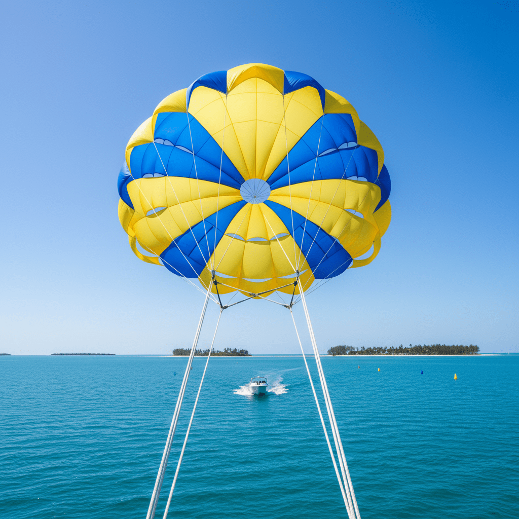 A vibrant yellow and blue parasail canopy fully inflated high above the bright blue Gulf of Mexico, its panels taut and symmetrical, with sturdy ropes stretching down toward a sleek white tow boat far below. The gentle texture of rippling ocean water extends to the horizon, dotted with tiny islands and a few colorful buoys. Midday sunlight from a clear sky bathes the scene in crisp, saturated color, creating vivid contrasts between the parasail fabric and the deep blue sea. Photographic realism with a playful, adventurous mood, captured from a dramatic low-angle perspective looking upward, wide-angle composition emphasizing the height and open sky, with sharp detail in the canopy stitching and rope lines.