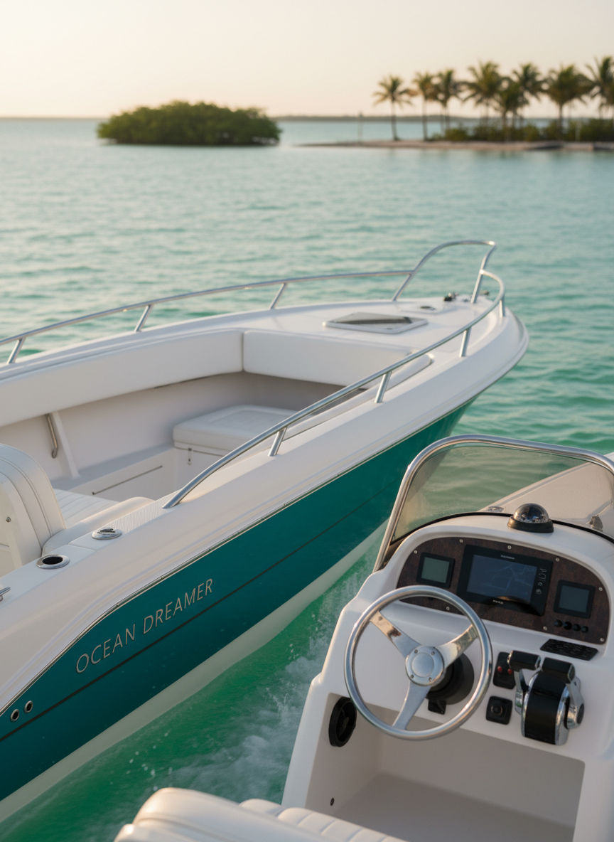 A sleek white and teal power boat with polished chrome rails and a glossy fiberglass hull cutting through clear turquoise Gulf waters off Captiva Island, Florida. The boat’s dashboard with modern gauges and a gleaming steering wheel is visible in the foreground, while small mangrove islands and distant shoreline create a playful tropical backdrop. Warm golden hour sunlight reflects off gentle ripples, casting sparkling highlights along the hull. Photographic realism with an energetic, vacation-ready mood, captured from a slightly elevated angle off the starboard bow. The composition uses the rule of thirds, with sharp focus on the boat and a softly blurred horizon, emphasizing freedom, speed, and fun on the water.