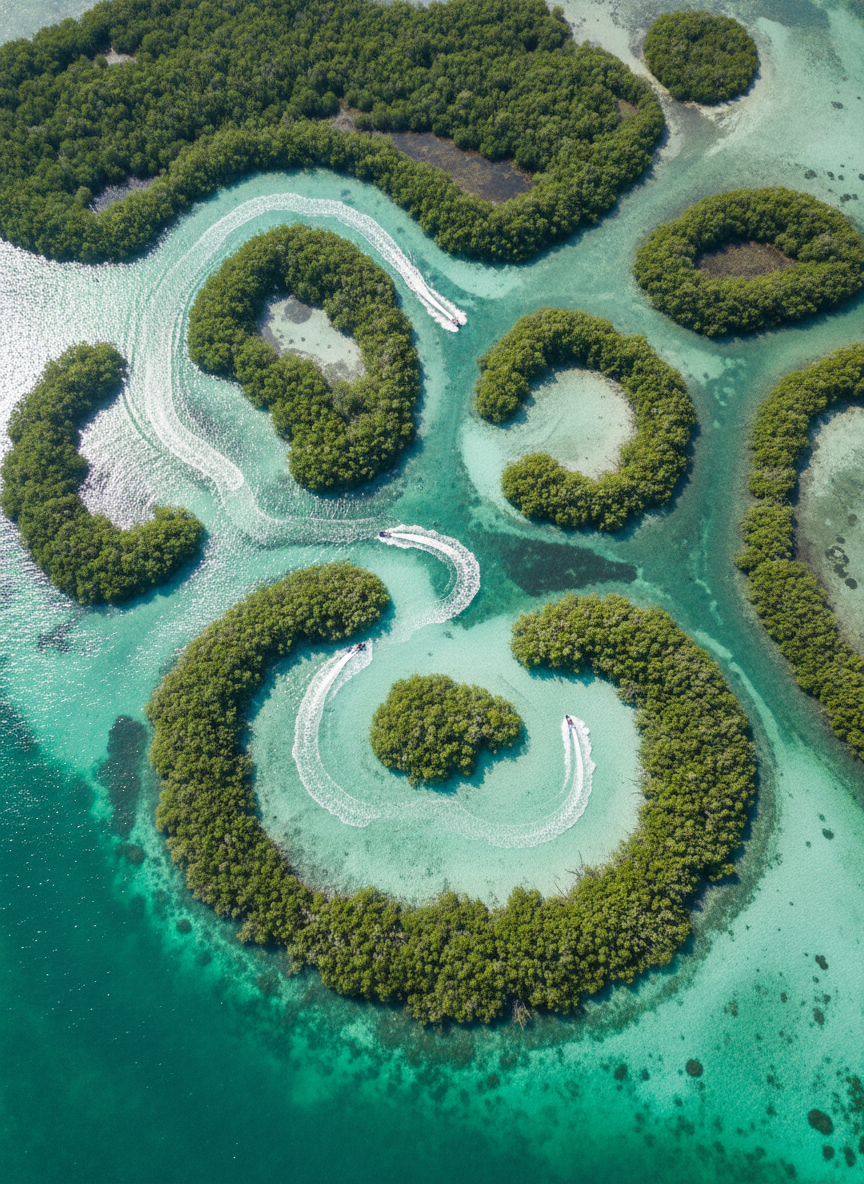 A dynamic overhead view of a winding waverunner tour path cutting through a maze of lush green mangrove islands in the shallow teal waters near Captiva. White foam trails trace playful curves behind tiny, distant waverunners, revealing their recent routes through narrow channels and open lagoons. The water shifts in color from pale aquamarine over sandbars to deeper emerald tones, with occasional darker patches hinting at underwater seagrass. High midday sun creates bright, even lighting with crisp, photographic realism, highlighting the intricate patterns of mangrove roots and sandbars. The mood is adventurous yet serene, with a wide, bird’s-eye composition emphasizing exploration, nature, and the thrill of guided discovery on the water.